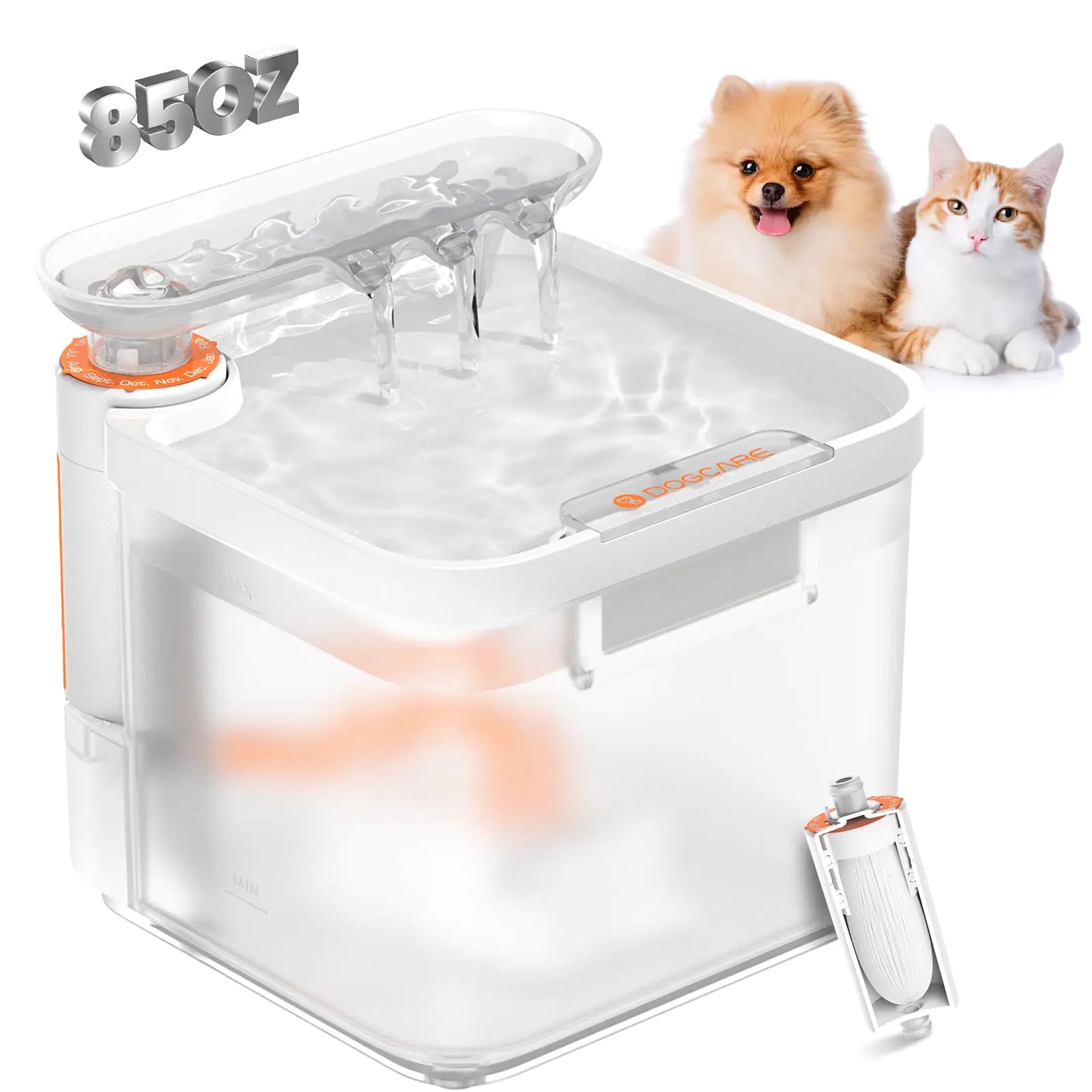 HydraPurr quiet cat water fountain 2.5L with triple filtration, white with cat and dog