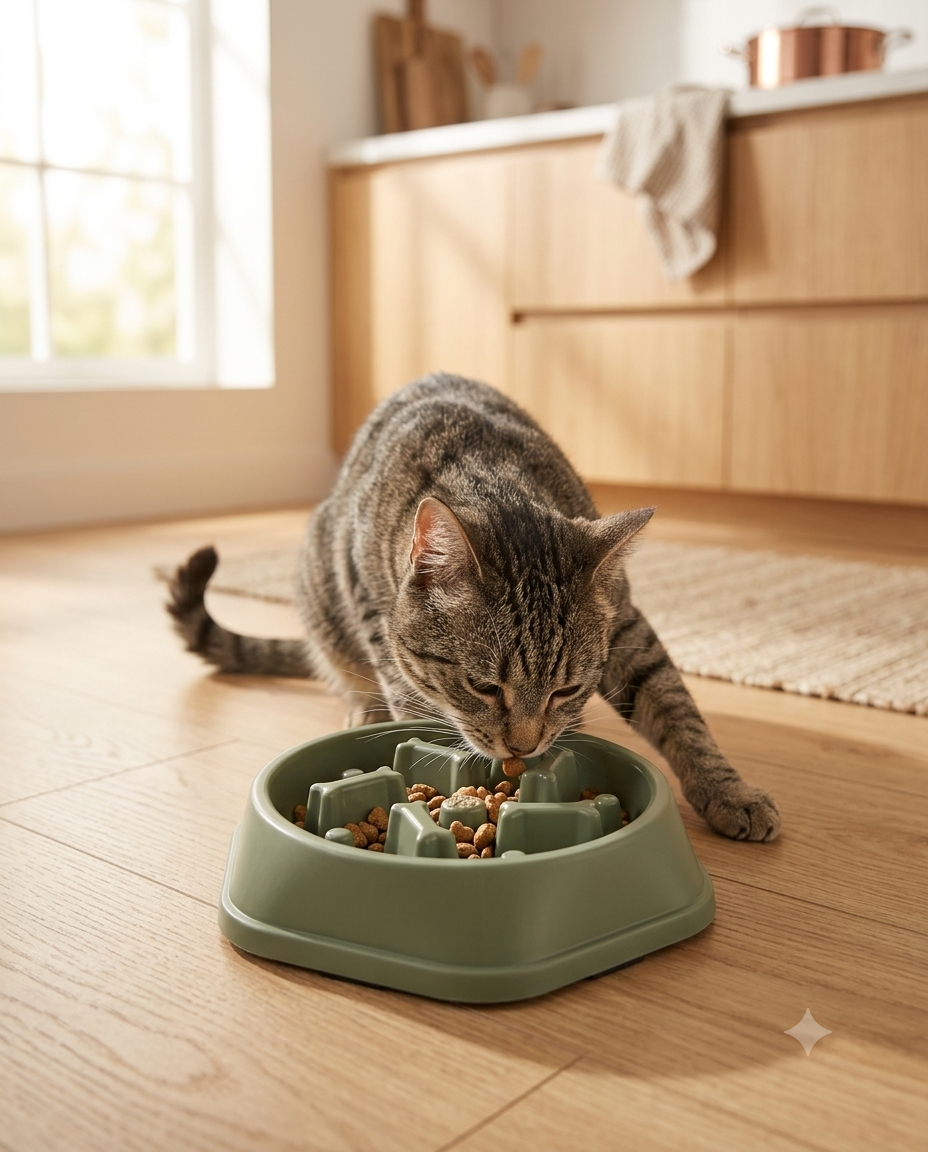 Cat eating from the green SlowSavor slow feeder